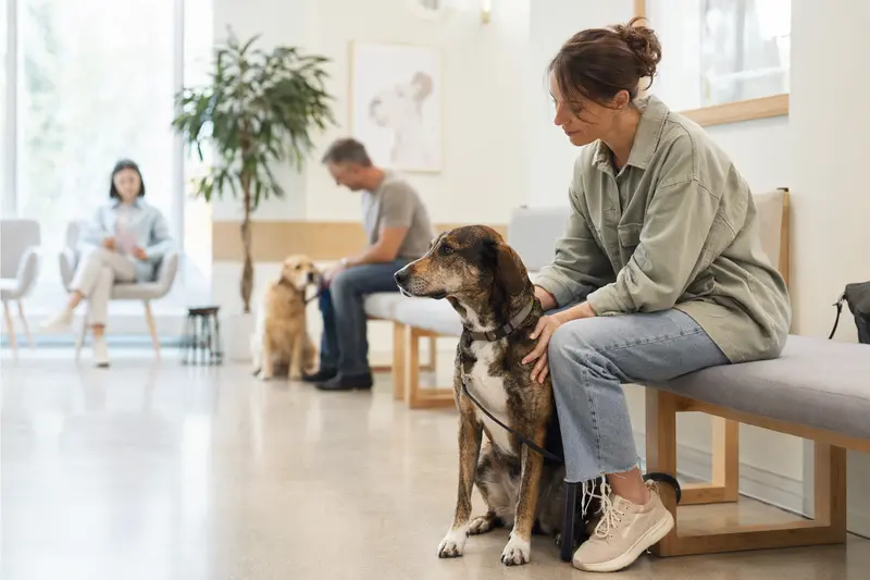 Ein Eurohound sitzt ruhig neben seinem Besitzer im hellen Wartezimmer einer modernen Tierarztpraxis.